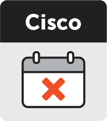 Ein graues und schwarzes Symbol mit der Aufschrift "Cisco" über einem Kalenderblatt mit einem roten X darüber.