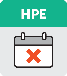 Ein graues und grünes Symbol mit der Aufschrift "HPE" über einem Kalenderblatt mit einem roten X darüber.