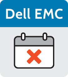 Ein graues und blaues Symbol mit der Aufschrift "Dell EMC" über einem Kalenderblatt mit einem roten X darüber