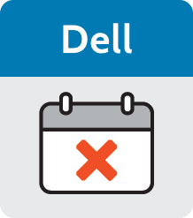 Ein graues und blaues Symbol mit der Aufschrift "Dell" über einem Kalenderblatt mit einem roten X darüber.
